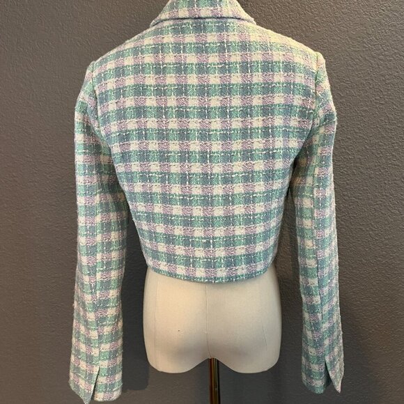 NWT ZARA Textured Plaid Cropped Blazer Jacket Bloggers Fav Turquoise & Lavender - Picture 9 of 16